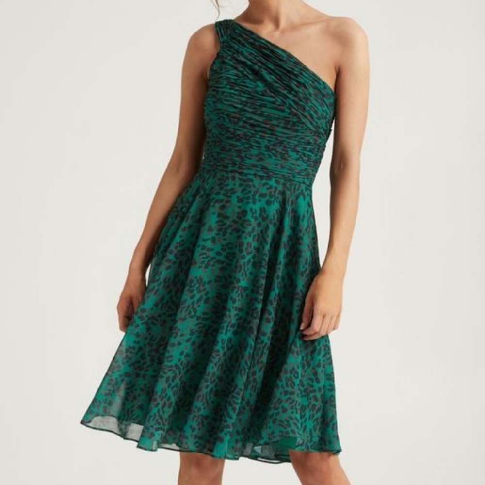 Halston Heritage Teal Green One-Shoulder Animal-Print Dress